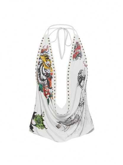 ROMWE Grunge Punk Y2K Vintage Rivet Retro Tiger Head & Geisha Print Rhinestone Sexy Deep Draped Neck Camisole For Women