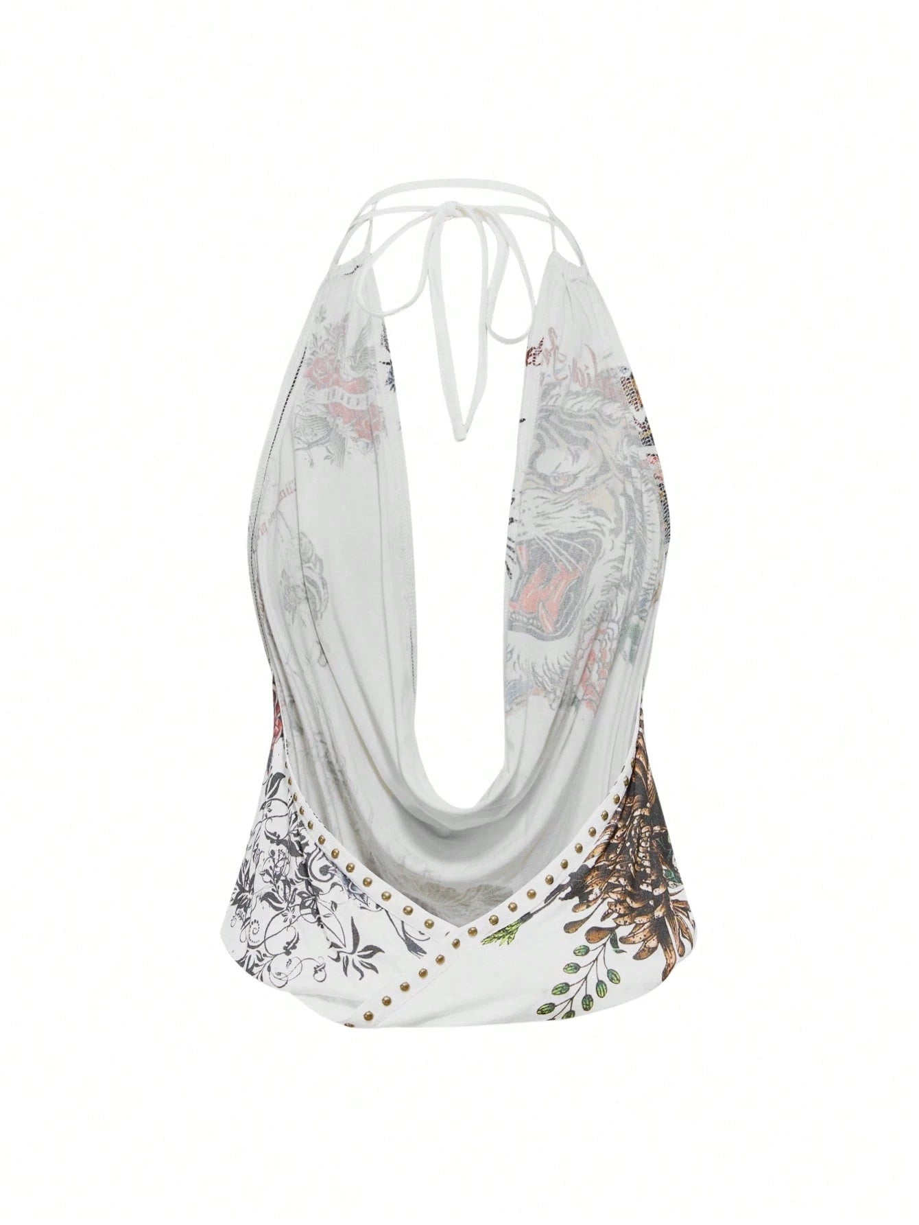 ROMWE Grunge Punk Y2K Vintage Rivet Retro Tiger Head & Geisha Print Rhinestone Sexy Deep Draped Neck Camisole For Women