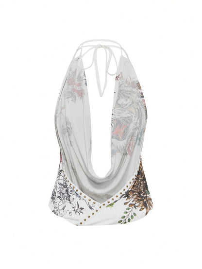 ROMWE Grunge Punk Y2K Vintage Rivet Retro Tiger Head & Geisha Print Rhinestone Sexy Deep Draped Neck Camisole For Women