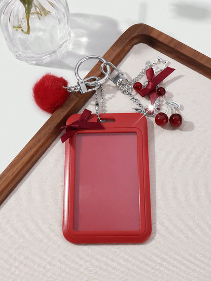 ROMWE Kawaii 1 College Style Red Card Cover, Wings, Rhinestones, Love Bows, Cherry Hairballs, Acrylic Sliding Cover Cards, Campus Cards, ID Card Covers, Work Cards, Star Cards, Travel Traffic Card Cov