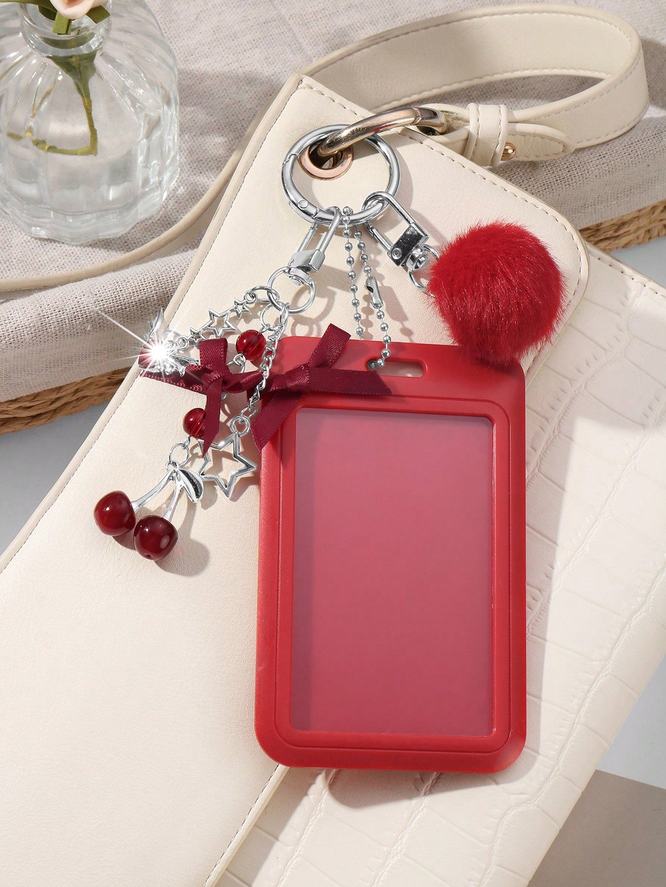 ROMWE Kawaii 1 College Style Red Card Cover, Wings, Rhinestones, Love Bows, Cherry Hairballs, Acrylic Sliding Cover Cards, Campus Cards, ID Card Covers, Work Cards, Star Cards, Travel Traffic Card Cov
