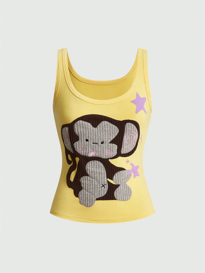 ROMWE Kawaii Spring/Summer Vacation Style Handmade Cute Elephant Applique Embroidery Contrast Design Women's Tank Top, Suitable For Island, Dating, School, Valentine's Day, Home, Afternoon Tea And Oth