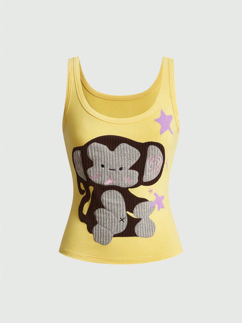 ROMWE Kawaii Spring/Summer Vacation Style Handmade Cute Elephant Applique Embroidery Contrast Design Women's Tank Top, Suitable For Island, Dating, School, Valentine's Day, Home, Afternoon Tea And Oth