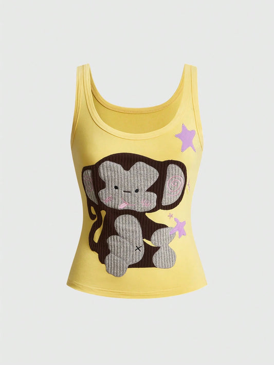 ROMWE Kawaii Spring/Summer Vacation Style Handmade Cute Elephant Applique Embroidery Contrast Design Women's Tank Top, Suitable For Island, Dating, School, Valentine's Day, Home, Afternoon Tea And Oth