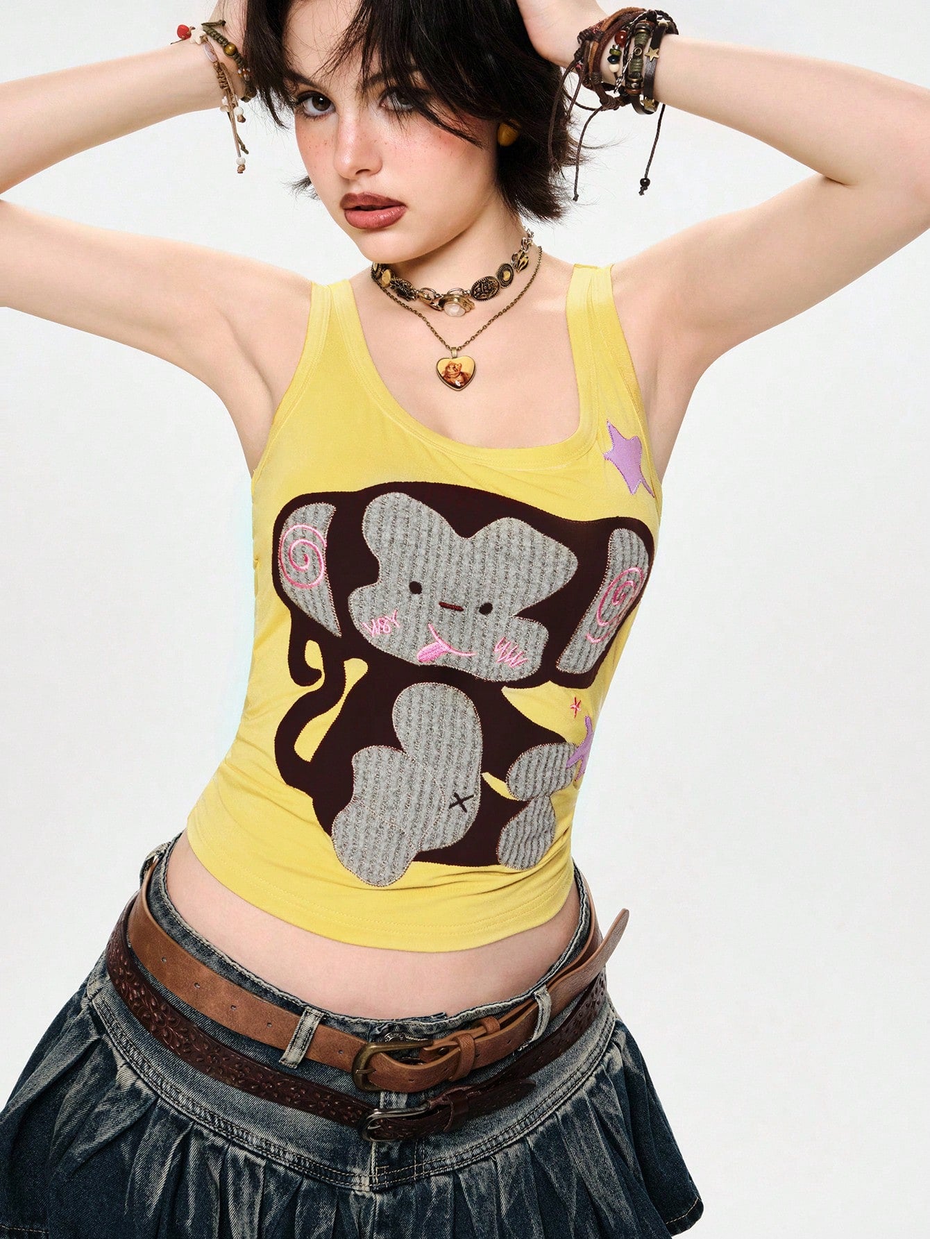 ROMWE Kawaii Spring/Summer Vacation Style Handmade Cute Elephant Applique Embroidery Contrast Design Women's Tank Top, Suitable For Island, Dating, School, Valentine's Day, Home, Afternoon Tea And Oth