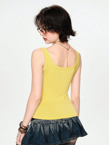 ROMWE Kawaii Spring/Summer Vacation Style Handmade Cute Elephant Applique Embroidery Contrast Design Women's Tank Top, Suitable For Island, Dating, School, Valentine's Day, Home, Afternoon Tea And Oth