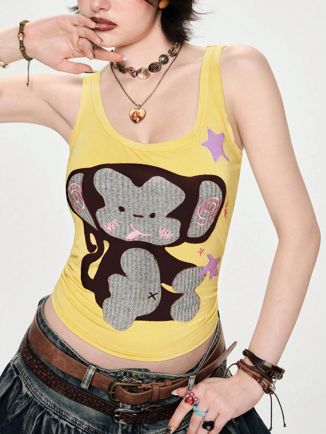ROMWE Kawaii Spring/Summer Vacation Style Handmade Cute Elephant Applique Embroidery Contrast Design Women's Tank Top, Suitable For Island, Dating, School, Valentine's Day, Home, Afternoon Tea And Oth