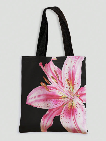 ROMWE Kawaii Vacation Floral Pattern Reversible Shoulder Canvas Tote Bag, Versatile For Commute And Leisure, Beach,Holiday