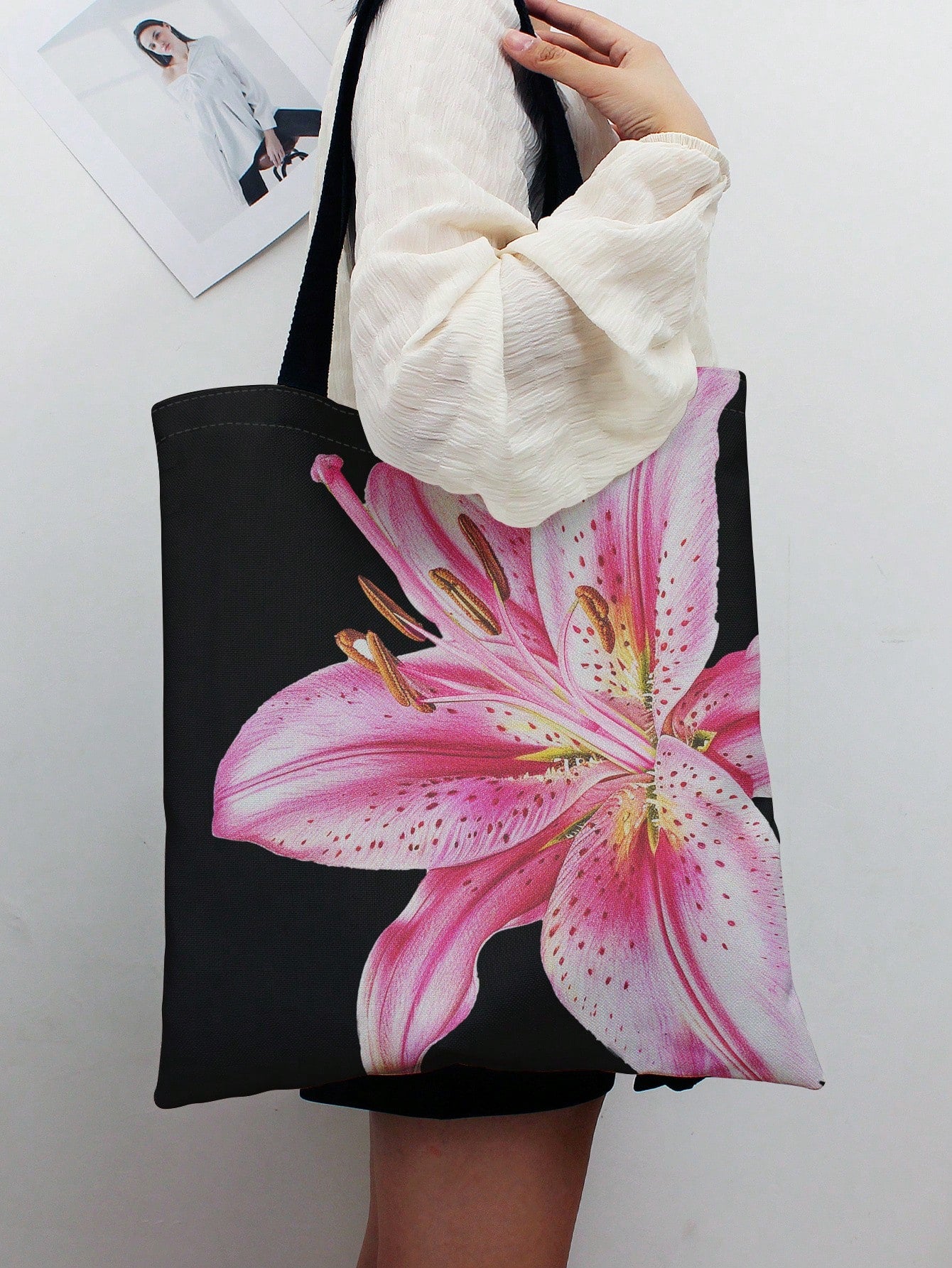 ROMWE Kawaii Vacation Floral Pattern Reversible Shoulder Canvas Tote Bag, Versatile For Commute And Leisure, Beach,Holiday