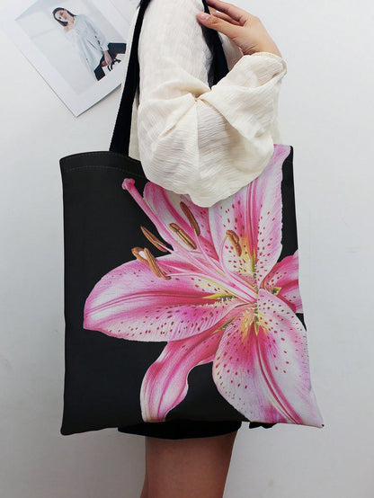 ROMWE Kawaii Vacation Floral Pattern Reversible Shoulder Canvas Tote Bag, Versatile For Commute And Leisure, Beach,Holiday