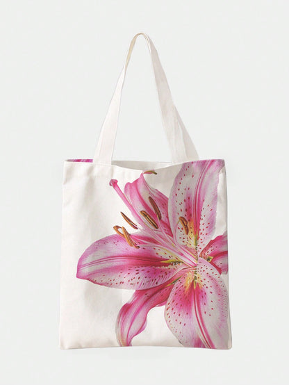 ROMWE Kawaii Vacation Floral Pattern Reversible Shoulder Canvas Tote Bag, Versatile For Commute And Leisure, Beach,Holiday
