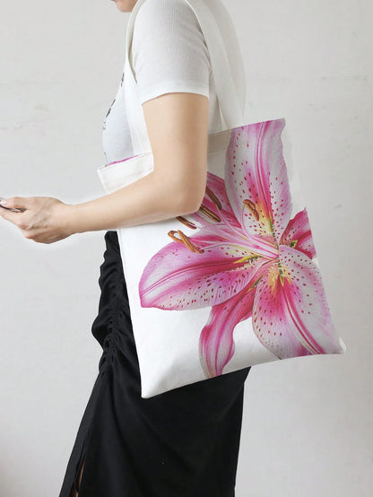 ROMWE Kawaii Vacation Floral Pattern Reversible Shoulder Canvas Tote Bag, Versatile For Commute And Leisure, Beach,Holiday