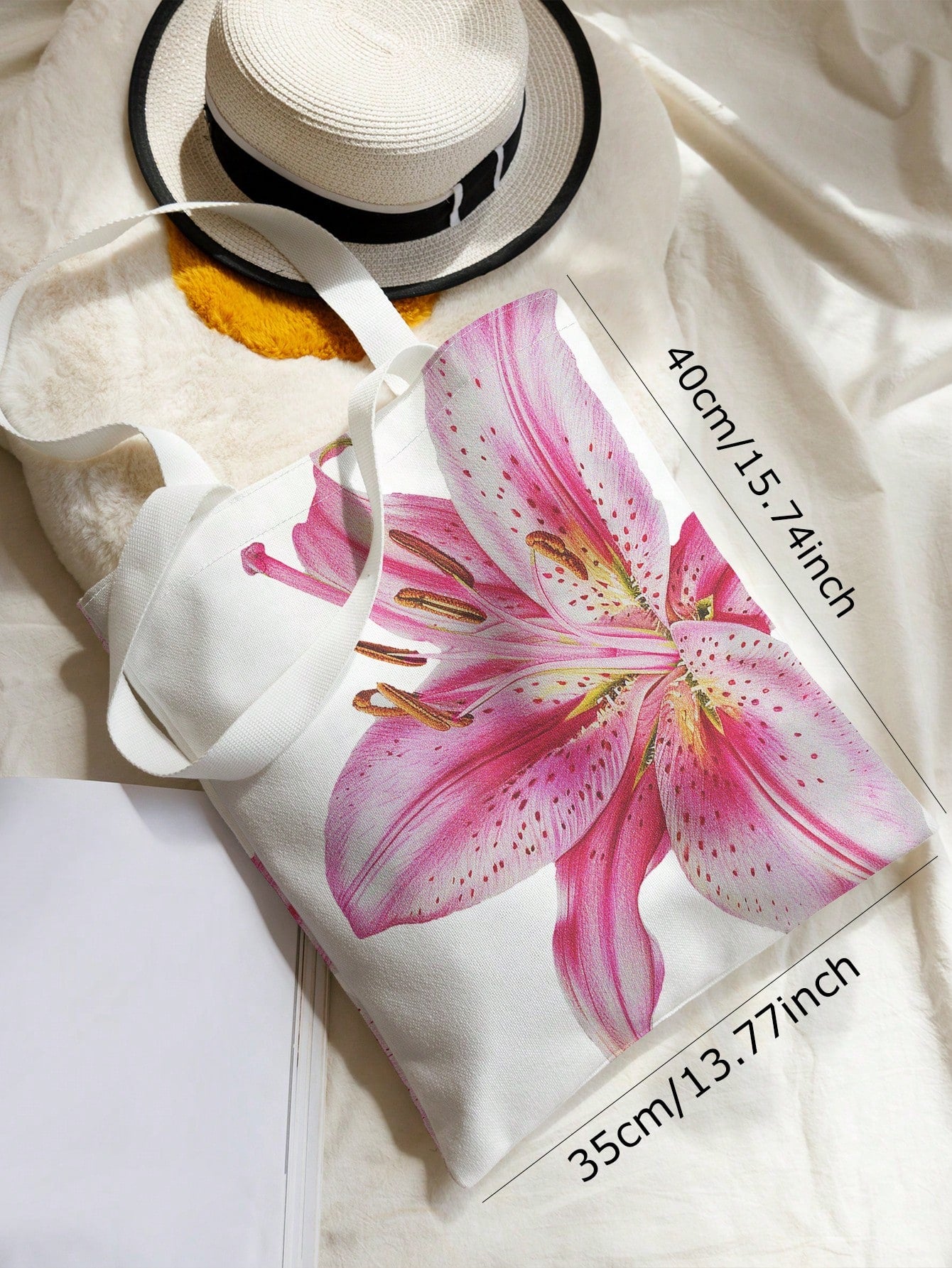 ROMWE Kawaii Vacation Floral Pattern Reversible Shoulder Canvas Tote Bag, Versatile For Commute And Leisure, Beach,Holiday