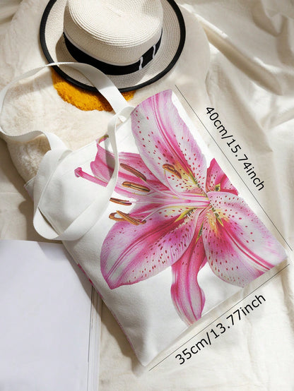 ROMWE Kawaii Vacation Floral Pattern Reversible Shoulder Canvas Tote Bag, Versatile For Commute And Leisure, Beach,Holiday