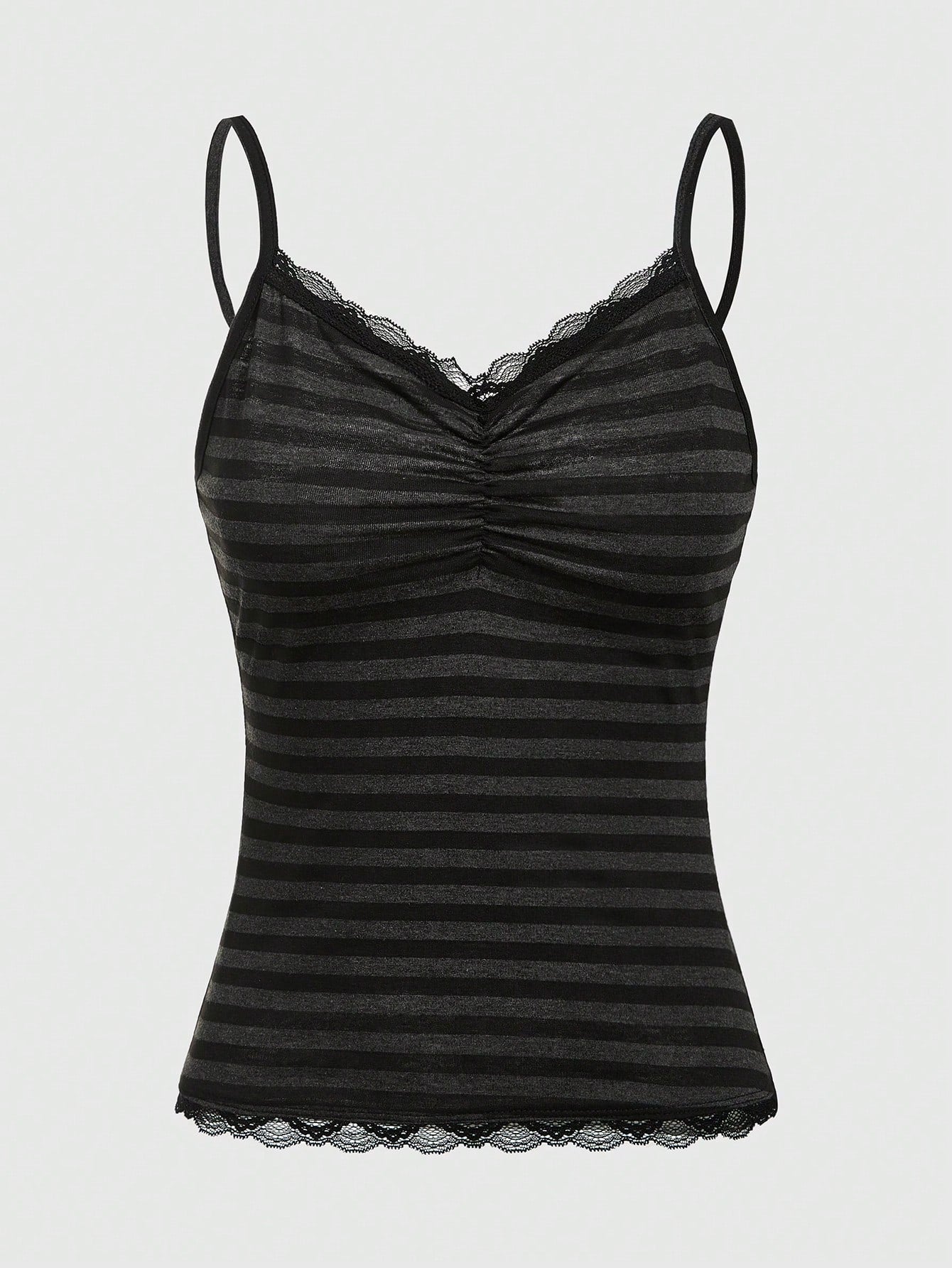 ROMWE Summer Casual Versatile Black & Gray Striped Lace Trim Camisole