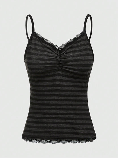ROMWE Summer Casual Versatile Black & Gray Striped Lace Trim Camisole