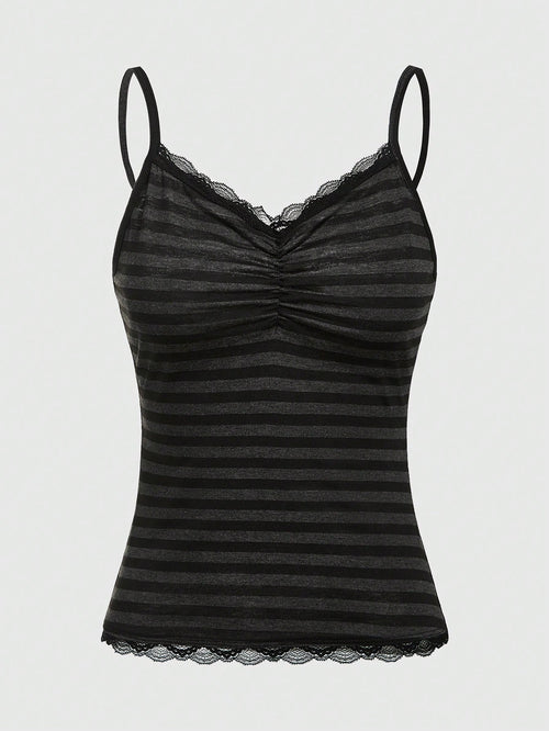 ROMWE Summer Casual Versatile Black & Gray Striped Lace Trim Camisole