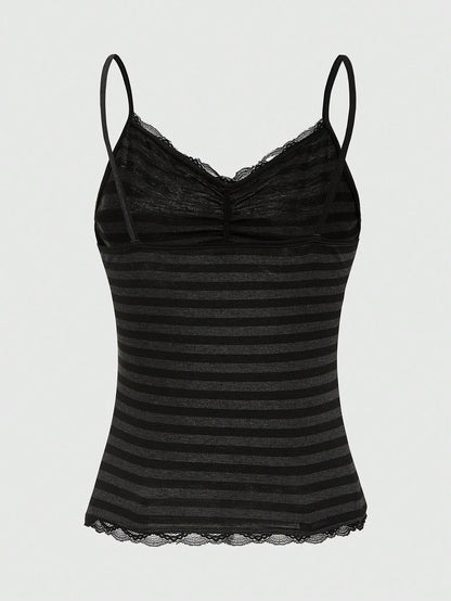 ROMWE Summer Casual Versatile Black & Gray Striped Lace Trim Camisole