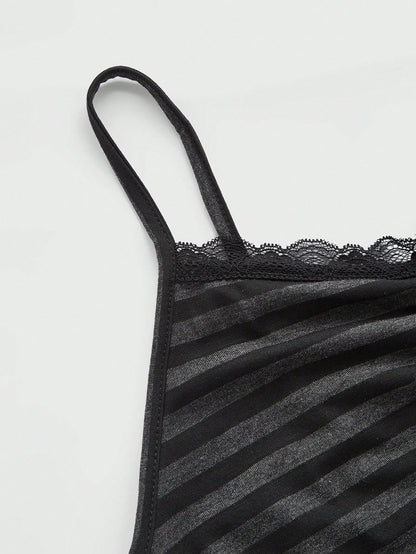 ROMWE Summer Casual Versatile Black & Gray Striped Lace Trim Camisole