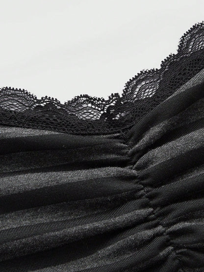 ROMWE Summer Casual Versatile Black & Gray Striped Lace Trim Camisole