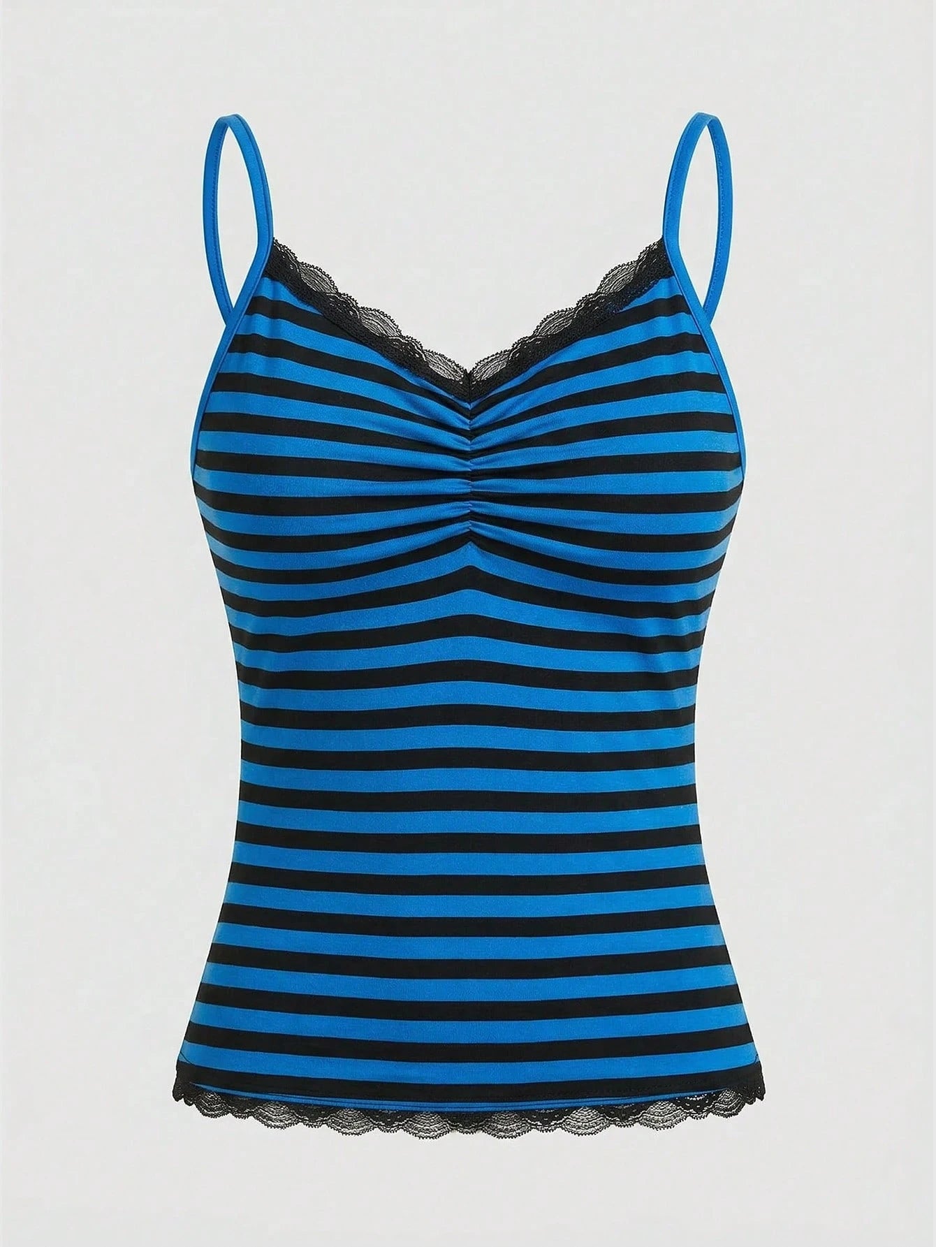 ROMWE Summer Casual Versatile Black & Gray Striped Lace Trim Camisole