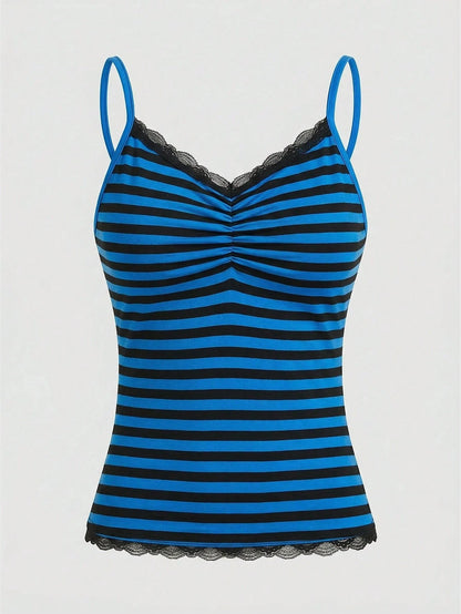 ROMWE Summer Casual Versatile Black & Gray Striped Lace Trim Camisole