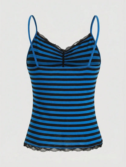 ROMWE Summer Casual Versatile Black & Gray Striped Lace Trim Camisole