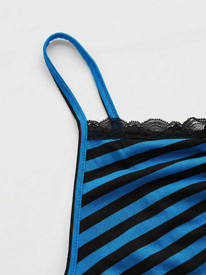 ROMWE Summer Casual Versatile Black & Gray Striped Lace Trim Camisole