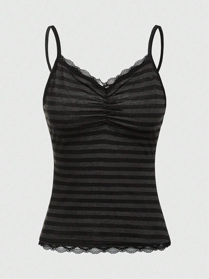 ROMWE Summer Casual Versatile Black & Gray Striped Lace Trim Camisole