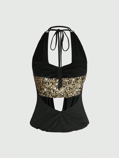 ROMWE Women's Y2K Sexy Backless Draped Neck Sequin Crop Top (Includes Sequin Camisole)