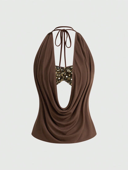 ROMWE Women's Y2K Sexy Backless Draped Neck Sequin Crop Top (Includes Sequin Camisole)