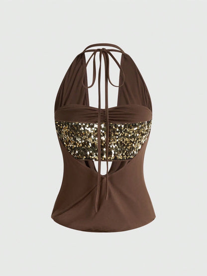 ROMWE Women's Y2K Sexy Backless Draped Neck Sequin Crop Top (Includes Sequin Camisole)