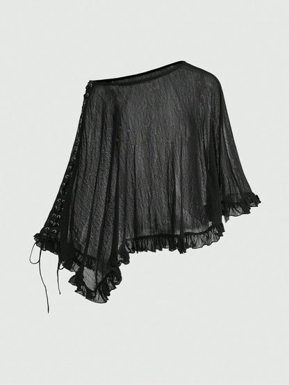 ROMWE Y2K Sexy Eyelet Lace-Up Sheer Mesh Cover Up Cover Up, Sun Protection