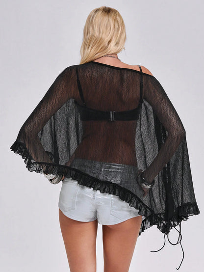 ROMWE Y2K Sexy Eyelet Lace-Up Sheer Mesh Cover Up Cover Up, Sun Protection