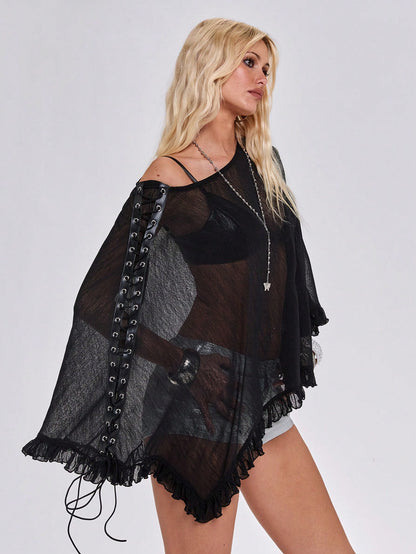 ROMWE Y2K Sexy Eyelet Lace-Up Sheer Mesh Cover Up Cover Up, Sun Protection