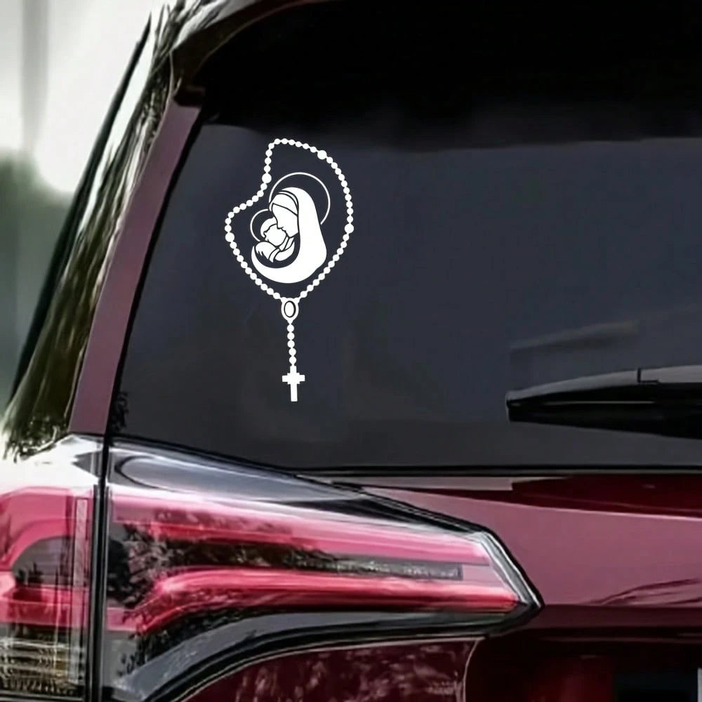 Rosary Car Sticker- Self-Adhesive High-Quality Sticker With "Hail Mary" Prayer Pattern, Matte Black/White, Catholic Style