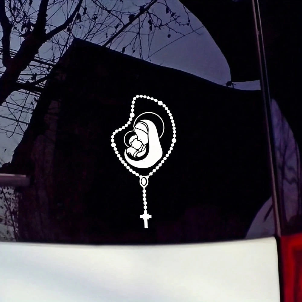 Rosary Car Sticker- Self-Adhesive High-Quality Sticker With "Hail Mary" Prayer Pattern, Matte Black/White, Catholic Style