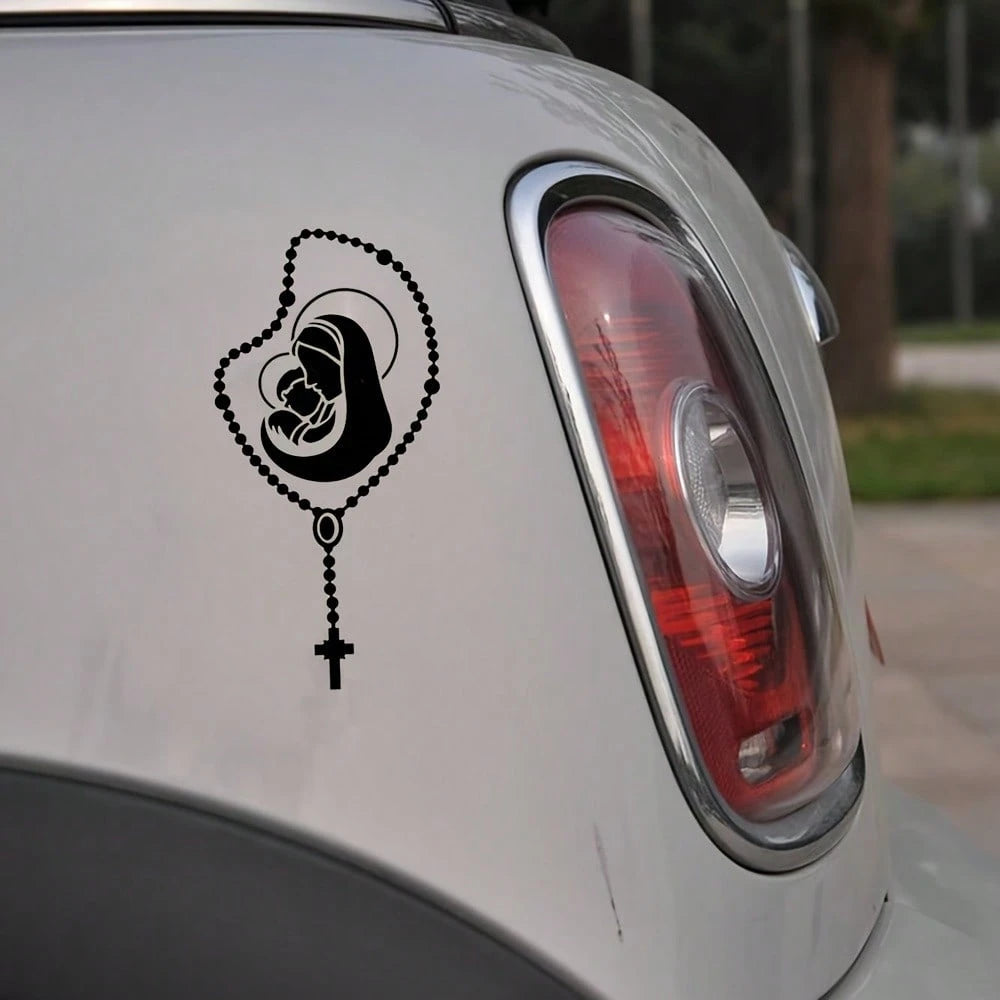Rosary Car Sticker- Self-Adhesive High-Quality Sticker With "Hail Mary" Prayer Pattern, Matte Black/White, Catholic Style