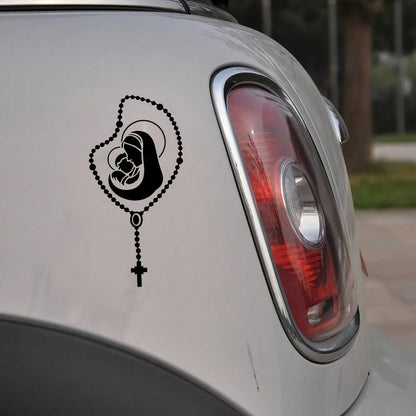 Rosary Car Sticker- Self-Adhesive High-Quality Sticker With "Hail Mary" Prayer Pattern, Matte Black/White, Catholic Style