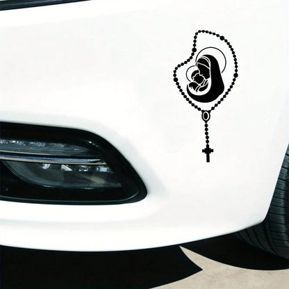 Rosary Car Sticker- Self-Adhesive High-Quality Sticker With "Hail Mary" Prayer Pattern, Matte Black/White, Catholic Style