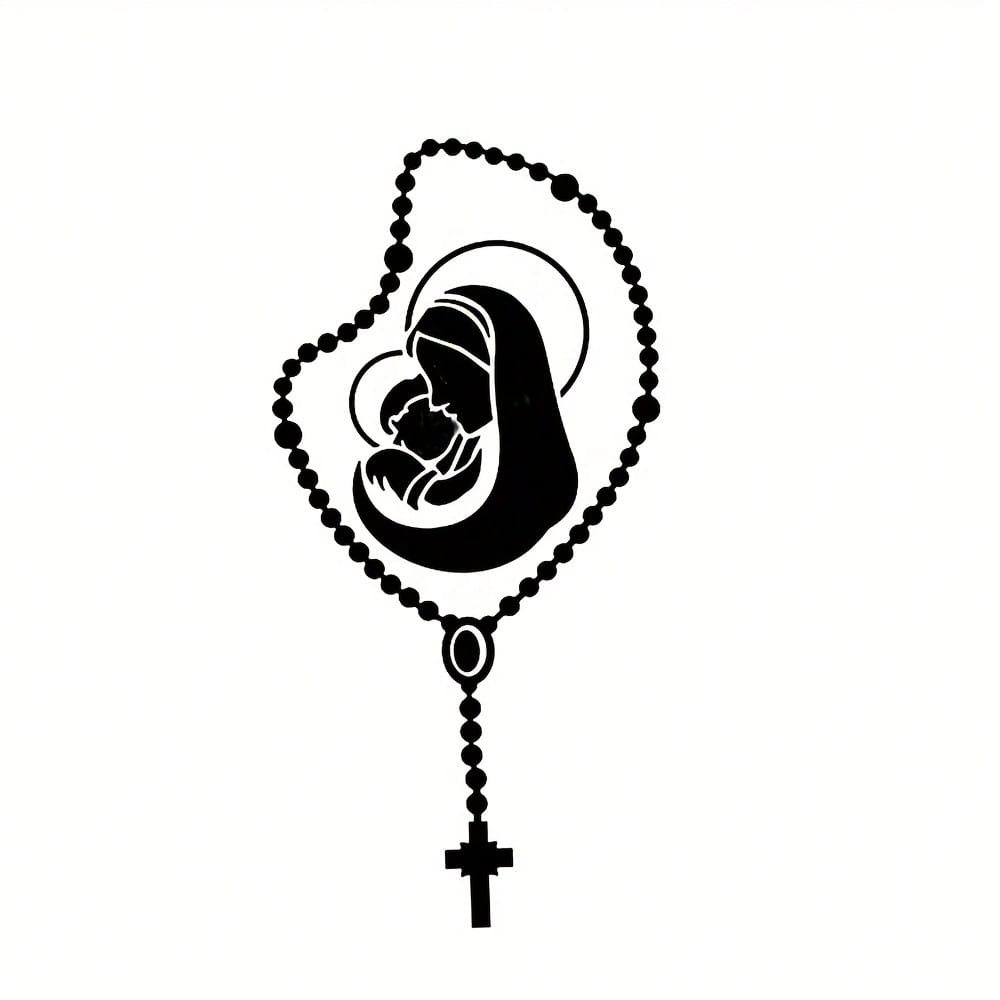 Rosary Car Sticker- Self-Adhesive High-Quality Sticker With "Hail Mary" Prayer Pattern, Matte Black/White, Catholic Style