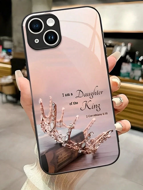 Rose Gold Crown Scripture Slogan Tempered Glass Phone Case Suitable For Compatible With IPhone 17,16, 15, 14, 13, 12, 11, PRO MAX,PLUS,Air, As Well As Galaxy S25/24/23/22/21 Ultra/FE/+,A71/56/55/54/53