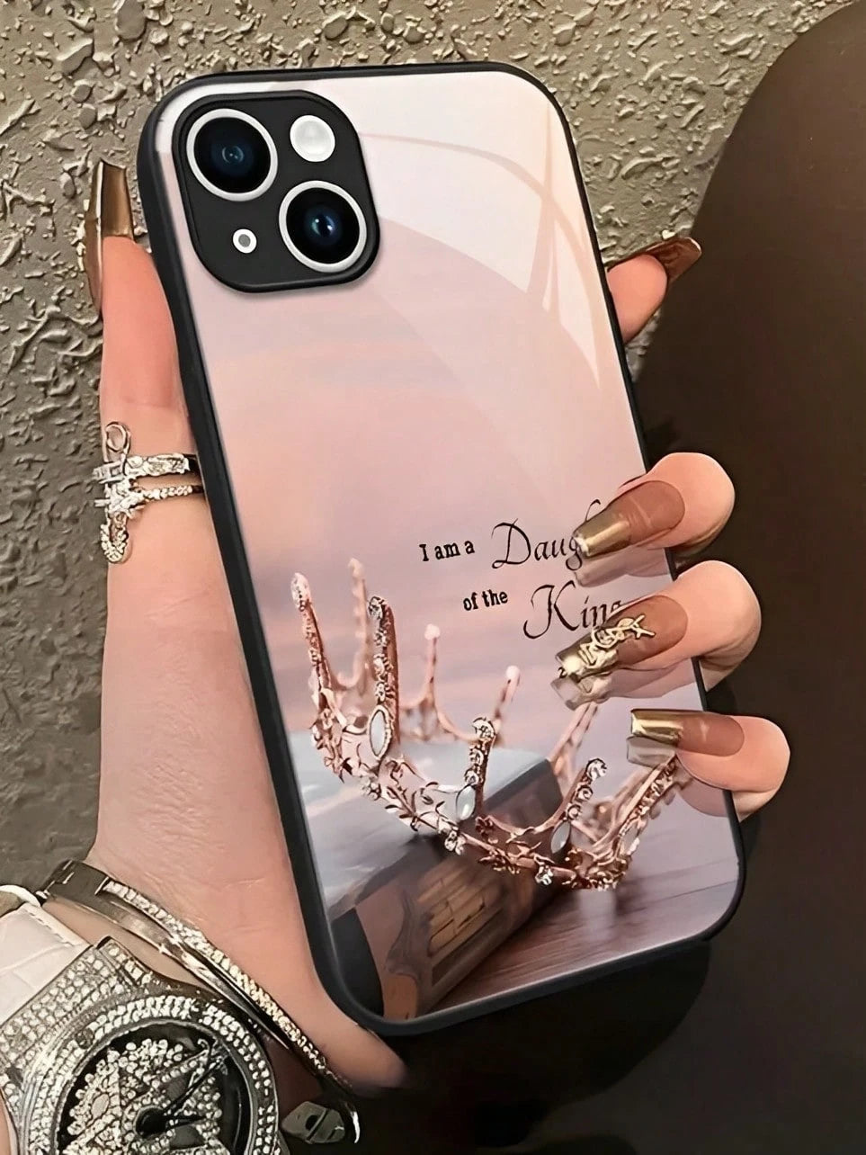 Rose Gold Crown Scripture Slogan Tempered Glass Phone Case Suitable For Compatible With IPhone 17,16, 15, 14, 13, 12, 11, PRO MAX,PLUS,Air, As Well As Galaxy S25/24/23/22/21 Ultra/FE/+,A71/56/55/54/53