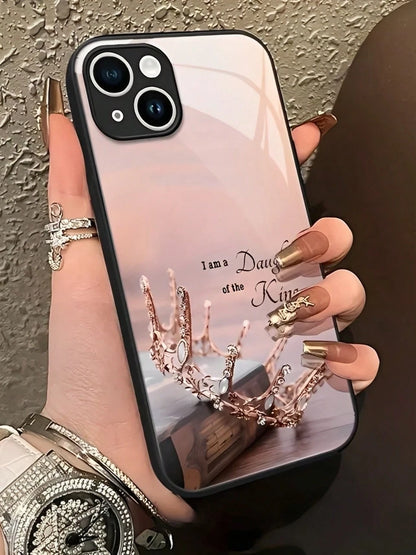 Rose Gold Crown Scripture Slogan Tempered Glass Phone Case Suitable For Compatible With IPhone 17,16, 15, 14, 13, 12, 11, PRO MAX,PLUS,Air, As Well As Galaxy S25/24/23/22/21 Ultra/FE/+,A71/56/55/54/53