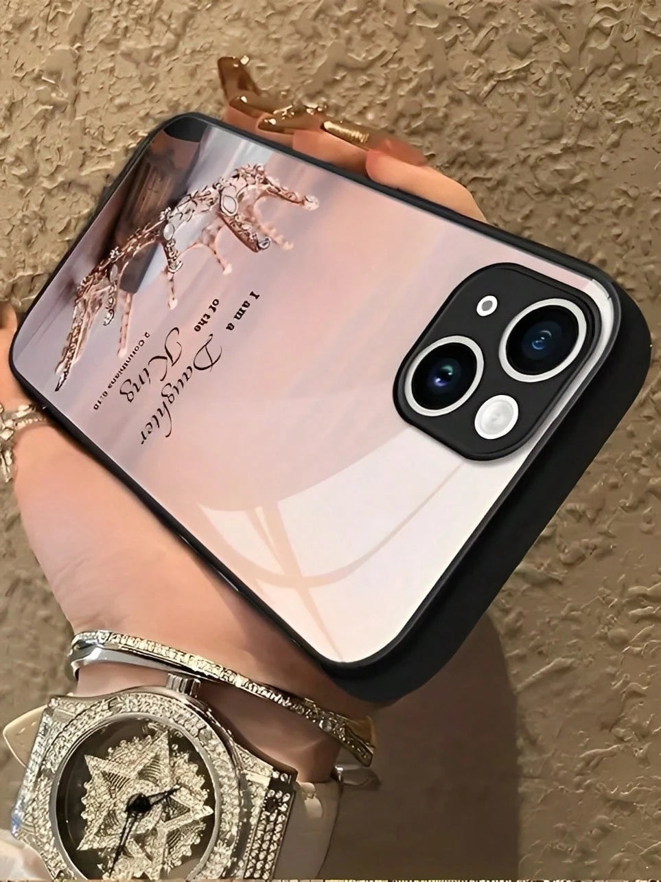 Rose Gold Crown Scripture Slogan Tempered Glass Phone Case Suitable For Compatible With IPhone 17,16, 15, 14, 13, 12, 11, PRO MAX,PLUS,Air, As Well As Galaxy S25/24/23/22/21 Ultra/FE/+,A71/56/55/54/53