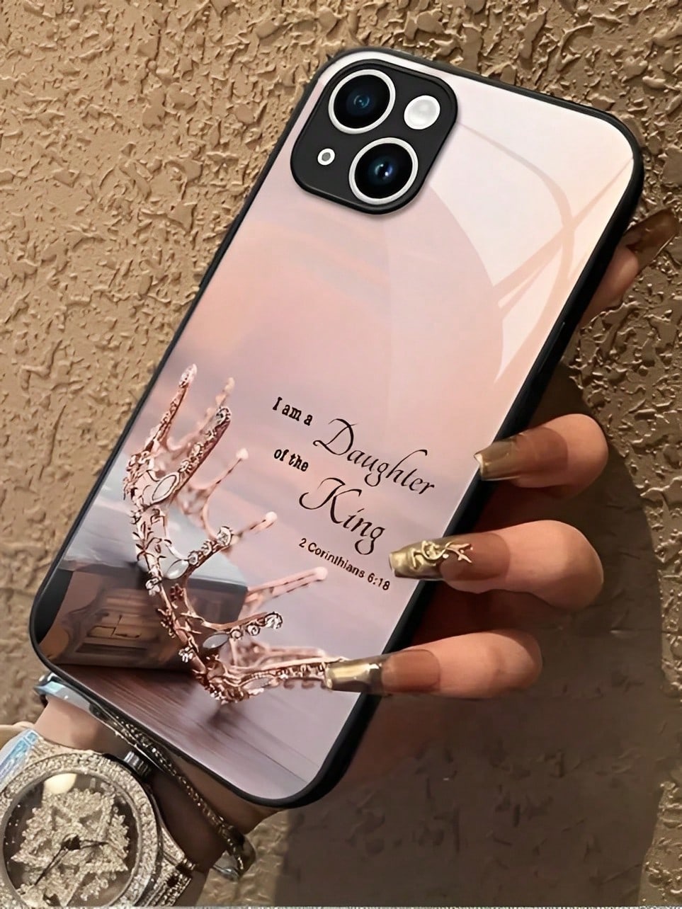 Rose Gold Crown Scripture Slogan Tempered Glass Phone Case Suitable For Compatible With IPhone 17,16, 15, 14, 13, 12, 11, PRO MAX,PLUS,Air, As Well As Galaxy S25/24/23/22/21 Ultra/FE/+,A71/56/55/54/53