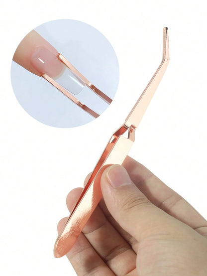 Rose Golden Nail Sculpting Clip, Crystal Gel Nail Art Tool, Titanium Alloy Stamping, Durable Manicure Silicone Clamp Multifunction False Nail Cutter Shaping Tweezers Manicure Tools,Nail Supplies,Nail
