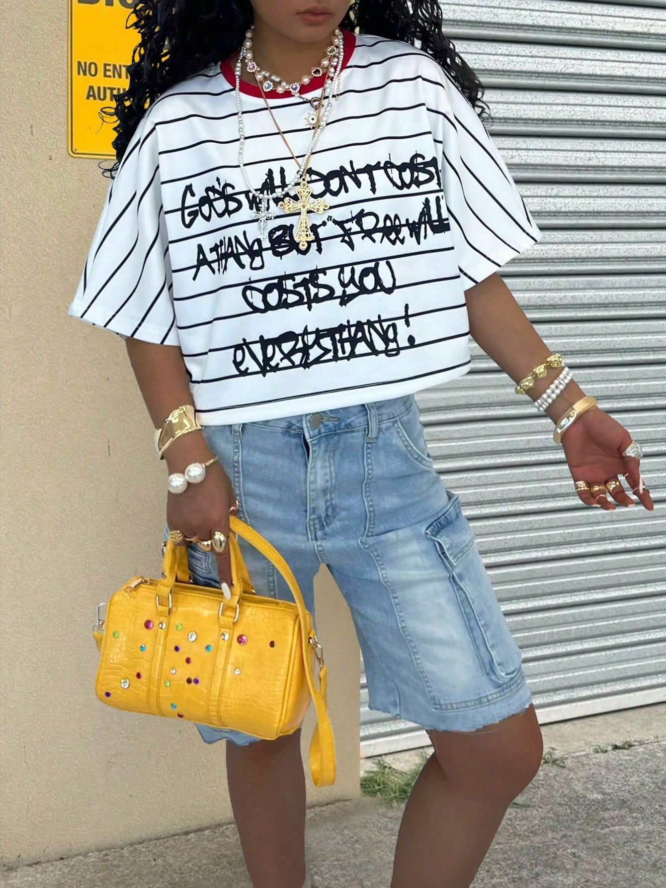 Rovax Women's Slogan Striped Print Loose Casual Short Sleeve T-Shirt