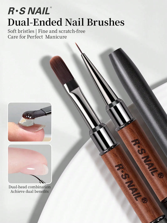 RS NAIL RSNAIL Dual-Ended Nail Art Brush 1PC,Builder Gel Brush & Short Detail Painting Brush,Wooden Handle With Protective Cap,Acrylic Nails Extension Poly Gel Pen UV Gel Brush,Drawing Manicure Nail A