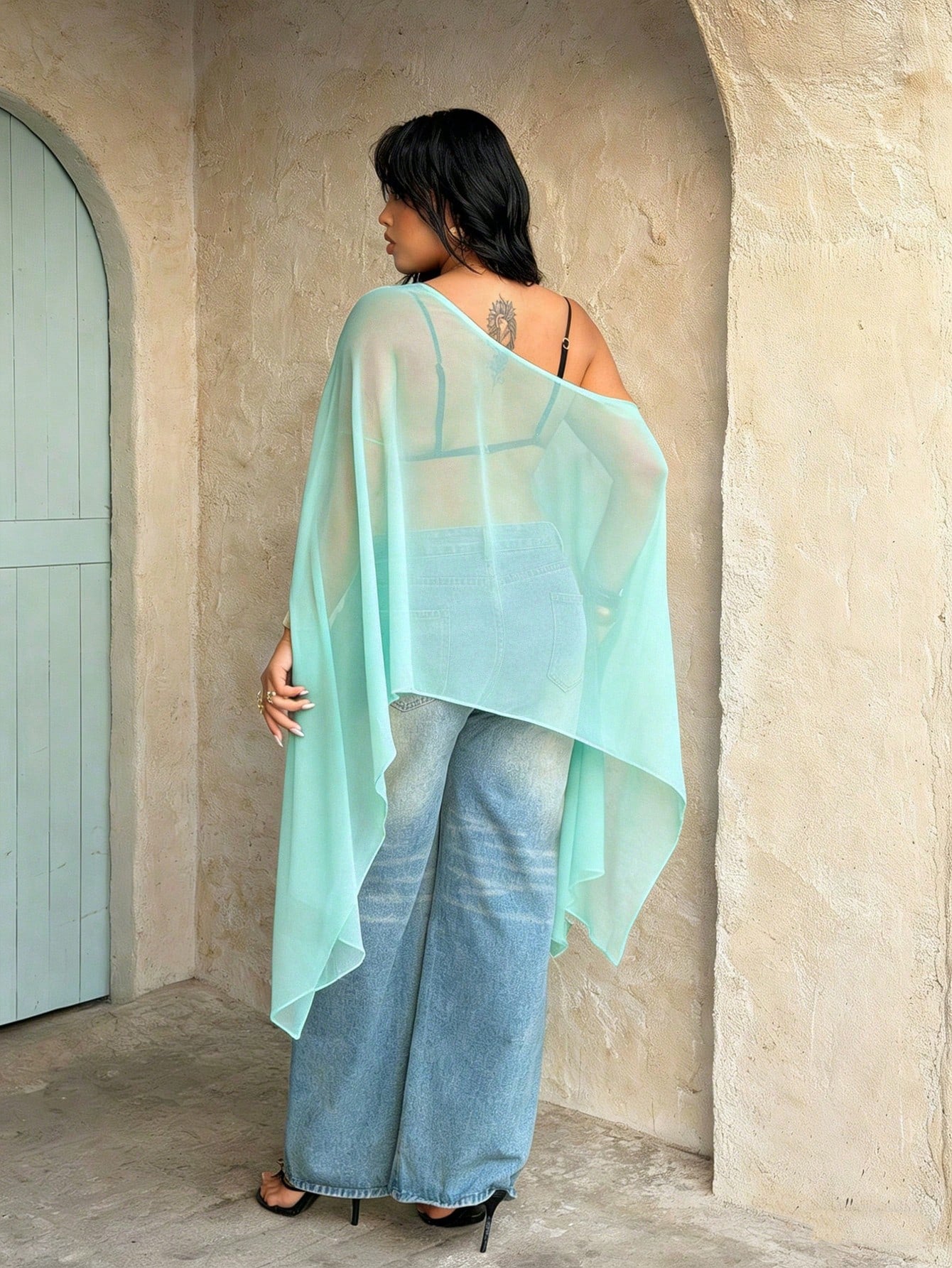 Rustia Plus Size Mint Blue Semi Sheer Woven Fabric Asymmetrical Neck Cloak Plus Size Blouse For Parties